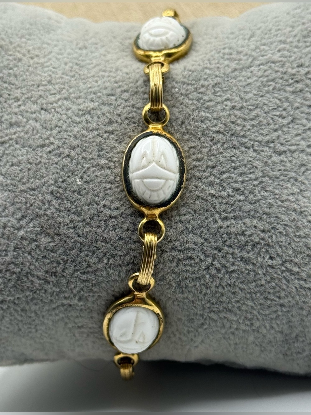 White marble and Gold tone  Scarab Link Bracelet